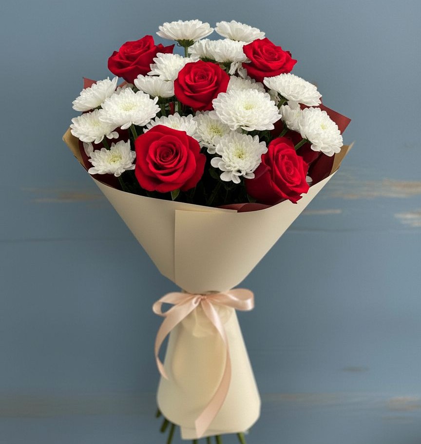 Букет цветов из: Розы и Хризантемы в Гребнево