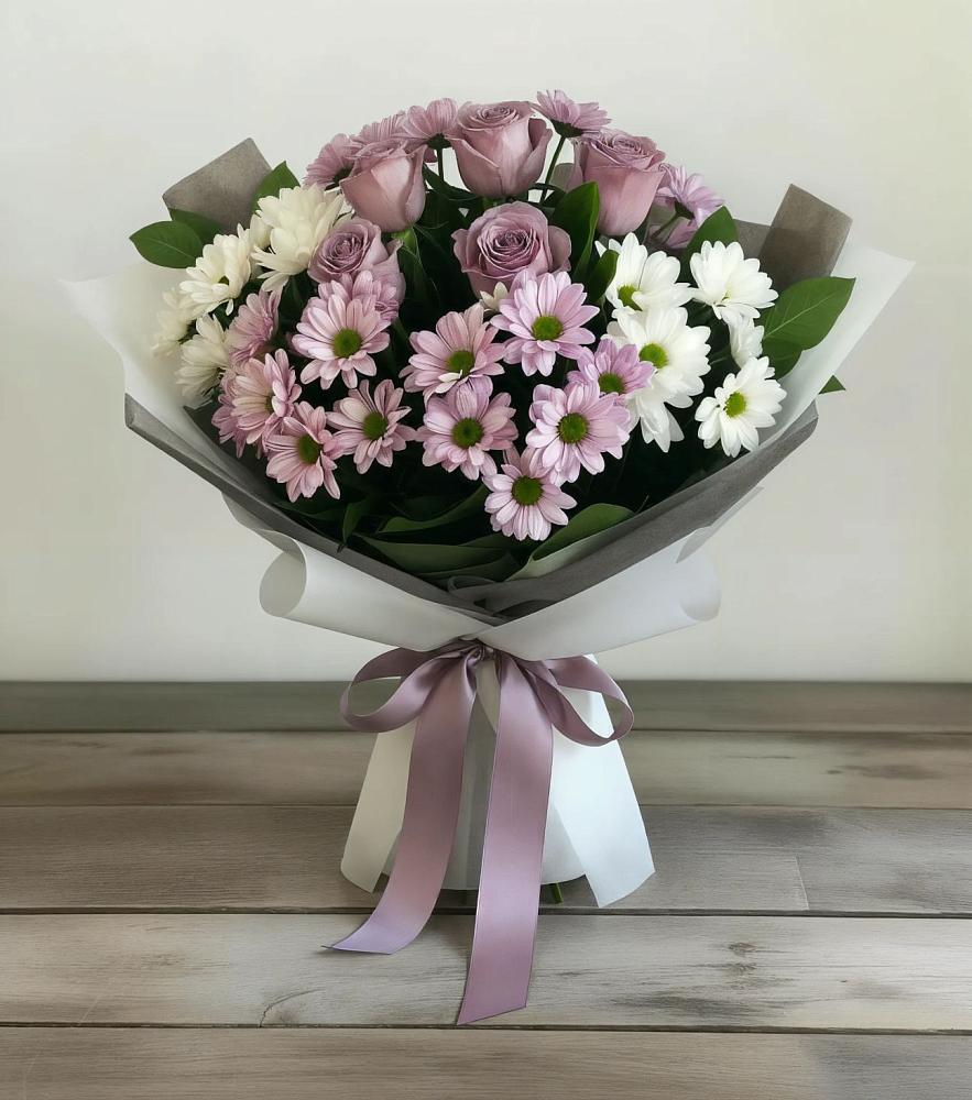 Букет цветов из: Хризантемы и Розы в Гребнево