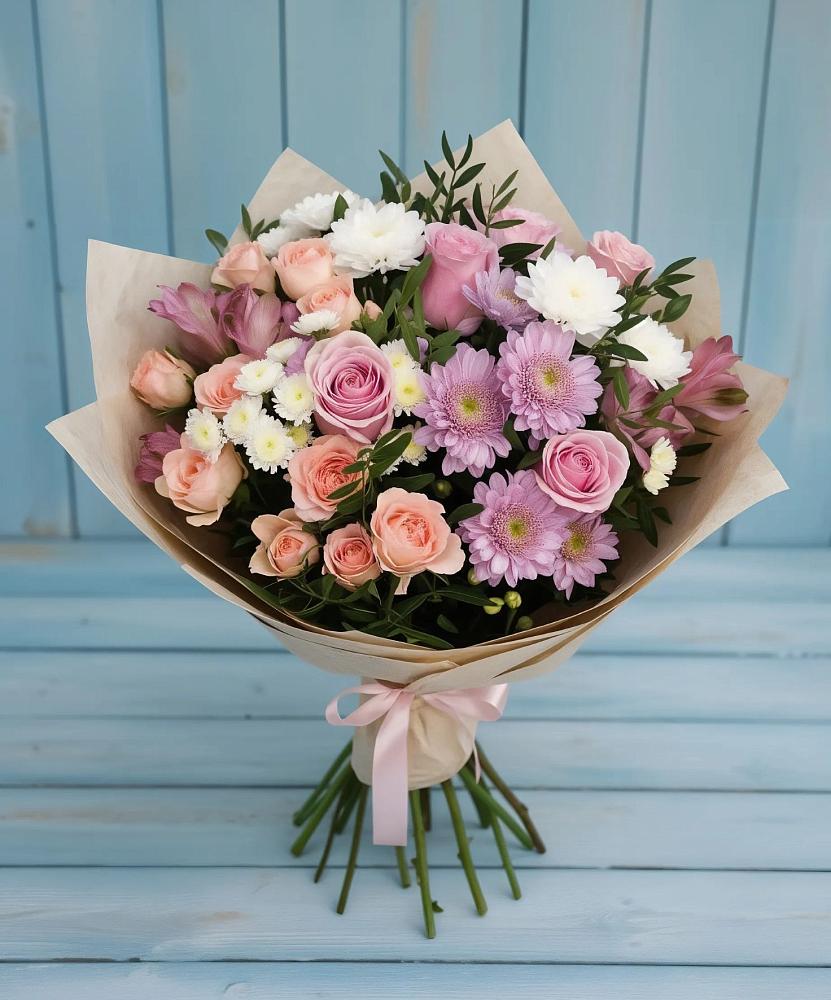 Букет цветов из: Хризантемы, Розы и Альстромерии в Гребнево