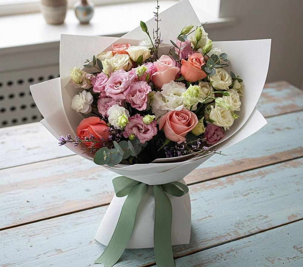 Букет цветов из: Розы, Лизиантусы и Гвоздики в Гребнево