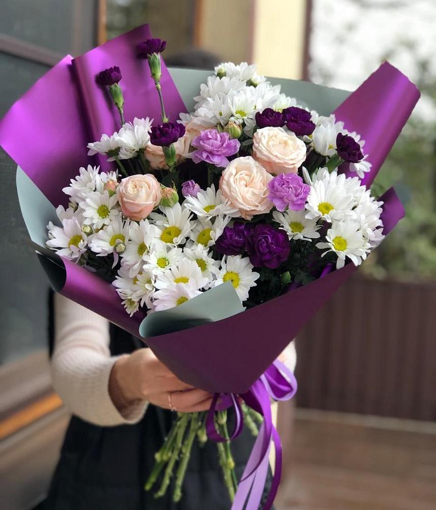 Букет цветов из: Хризантемы, Гвоздики и Розы в Гребнево