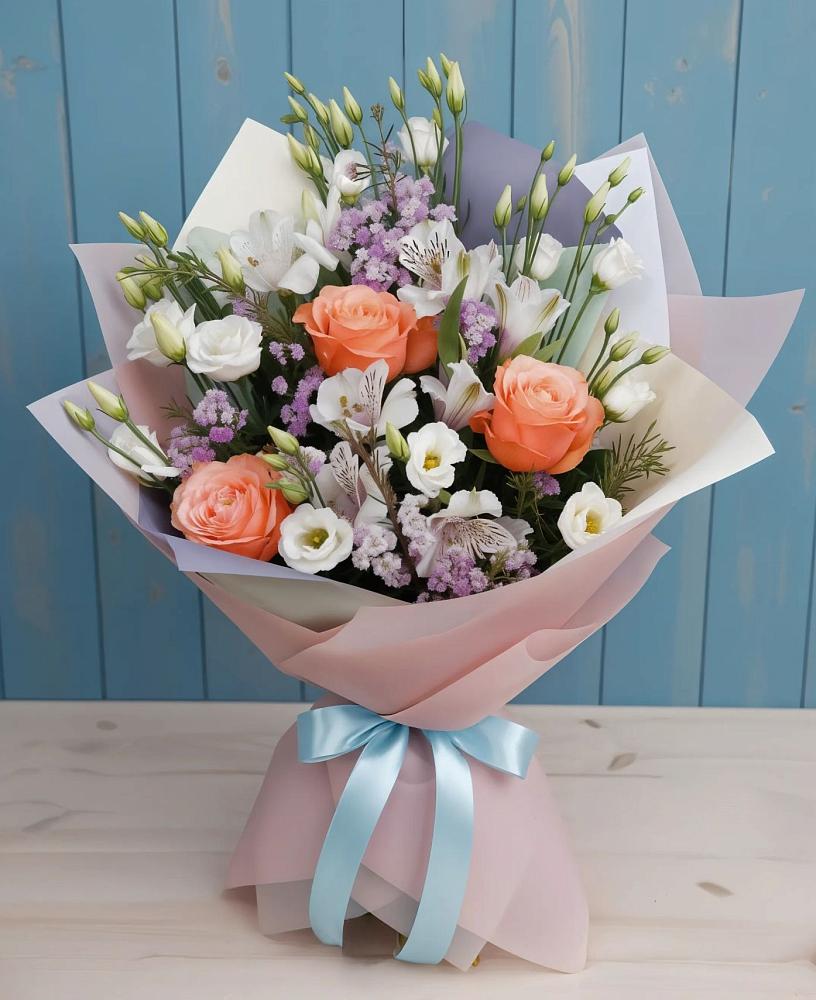 Букет цветов из: Лизиантусы, Розы, Альстромерии и Гипсофила в Гребнево