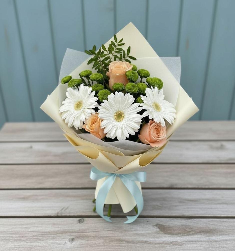 Букет цветов из: Герберы, Розы и Хризантемы в Гребнево