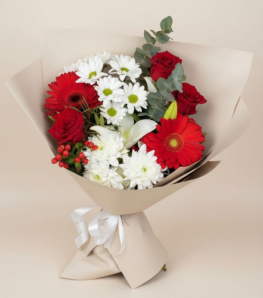 Букет цветов из: Розы, Хризантемы, Герберы и Лилии в Гребнево