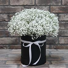 Цветочная композиция из Гипсофила в шляпной коробке в Гребнево