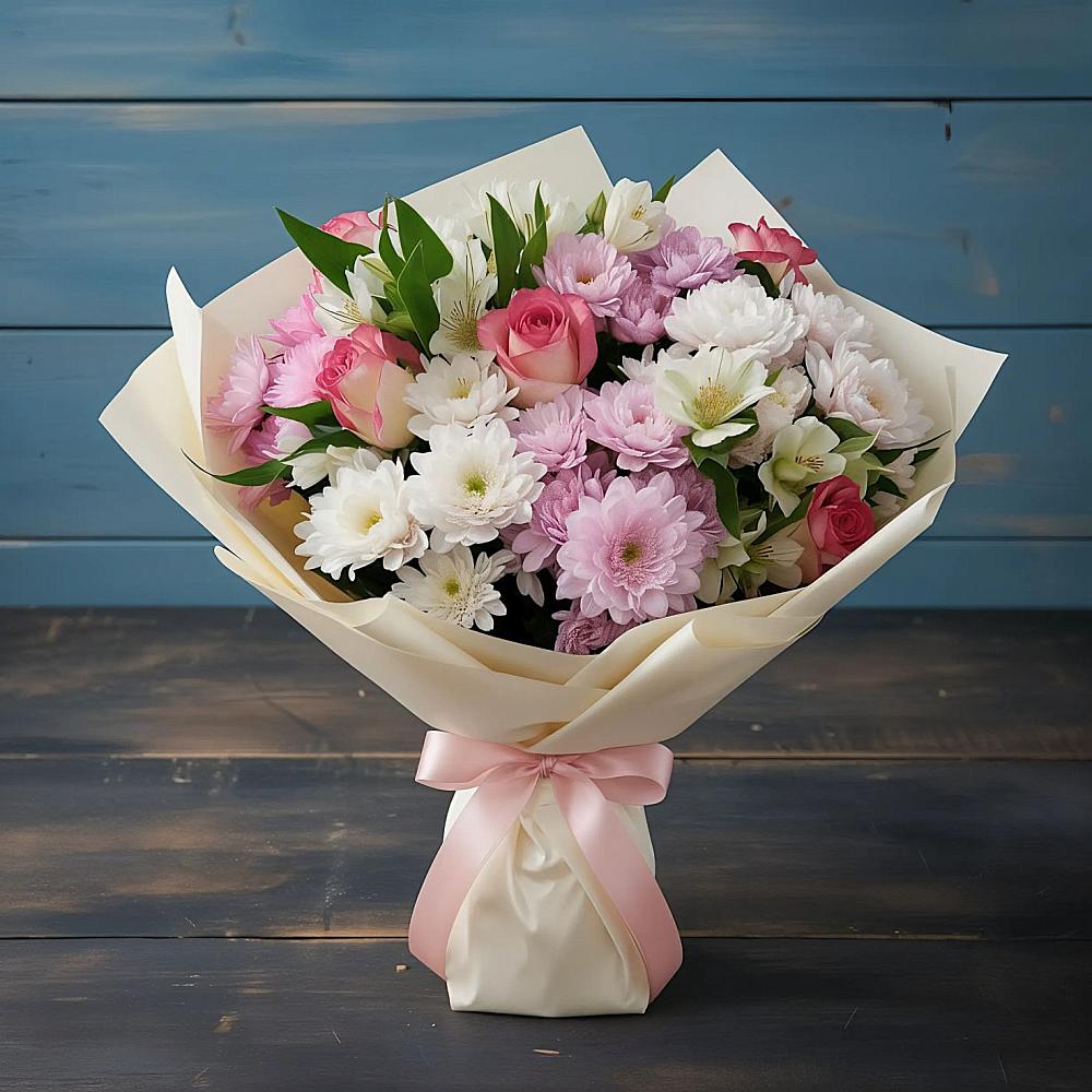 Букет цветов из: Хризантемы, Альстромерии и Розы в Гребнево